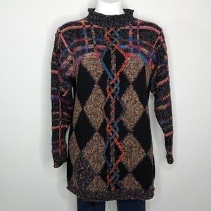Vintage Debra Lubell black brown colorful abstract mock neck sweater S